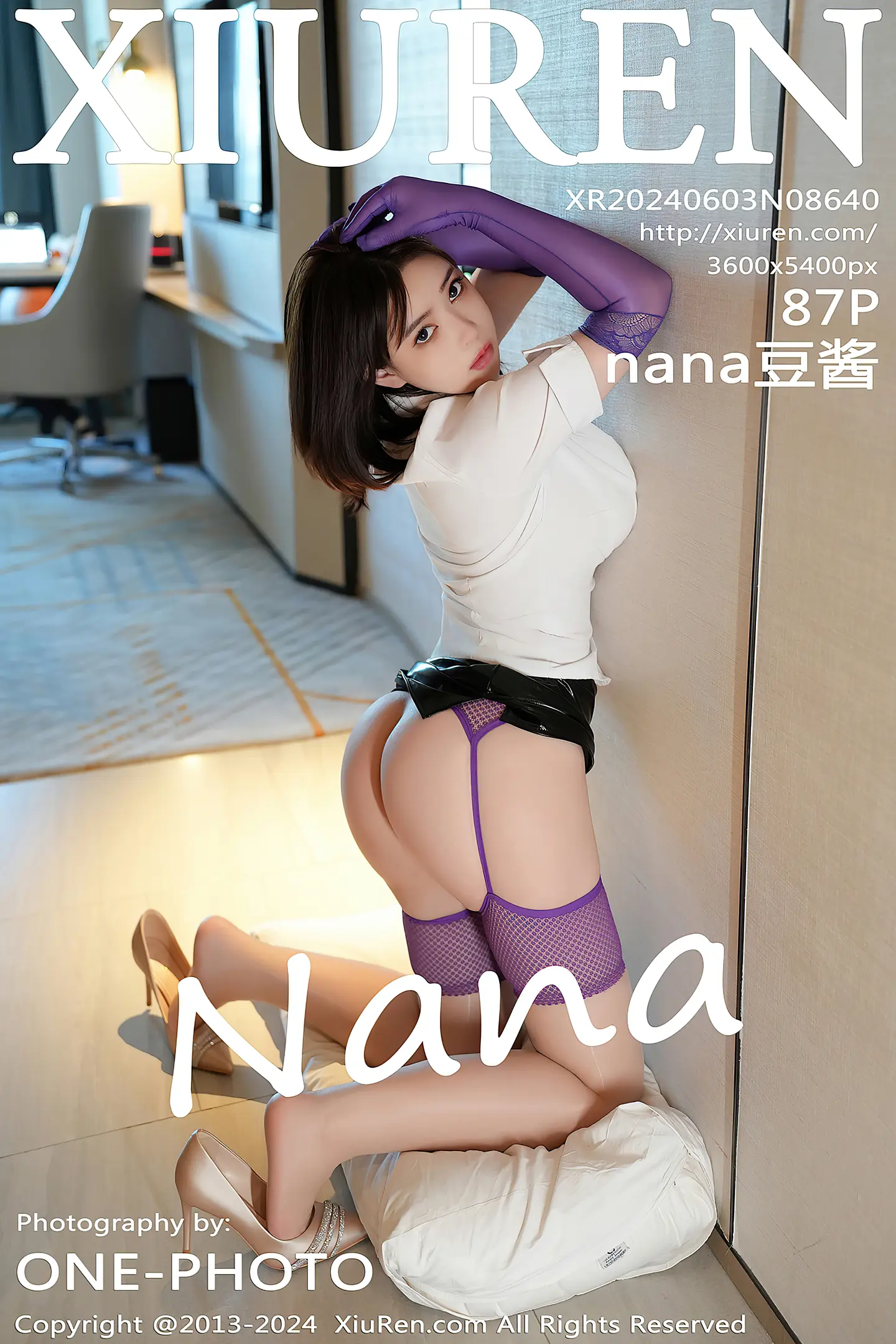 [XiuRen秀人网]No.8640_模特nana豆酱性感白T配黑皮短裙露紫色丝袜秀翘臀美腿诱惑写真87P-秀人网 - XiuRen.Space